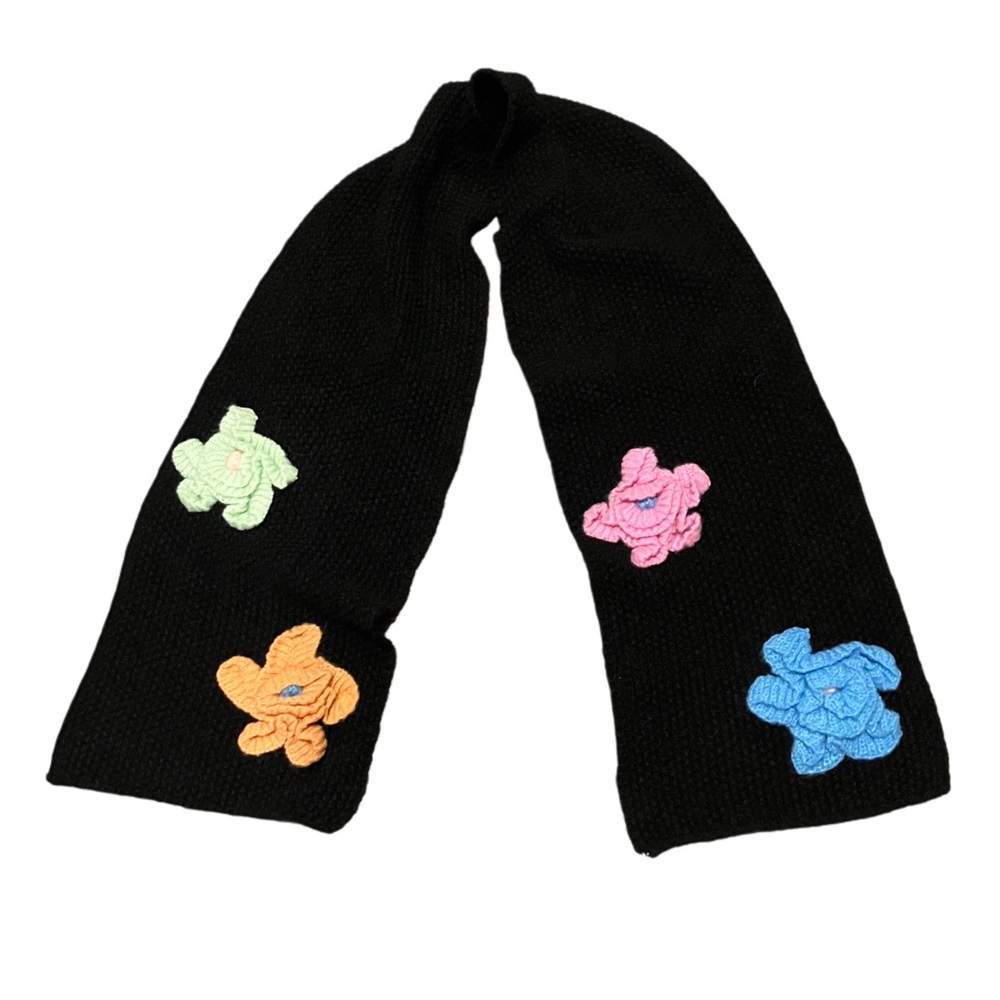 Cider Black Open Knit Scarf Colorful Crochet Flowers NWT OS